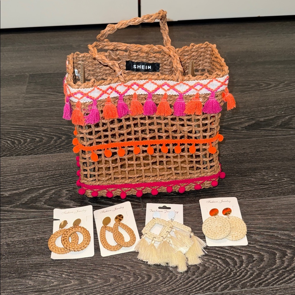 SHEIN Multicolor Woven Tote with Tassel earrings